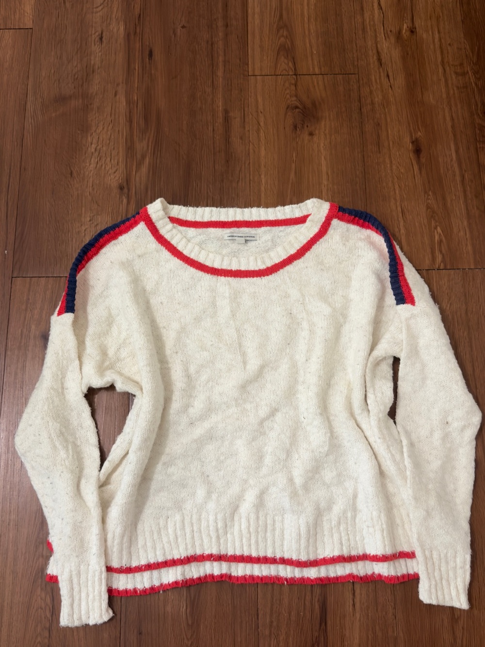 American Eagle Cozy White Crewneck Sweater with Red & Navy Stripe Accents